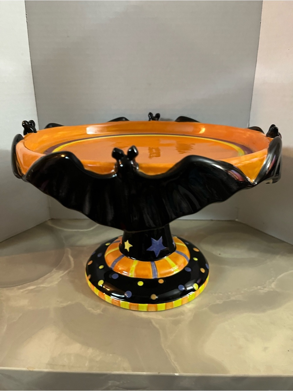 Festive Halloween Bat Pedestal- Black & Orange